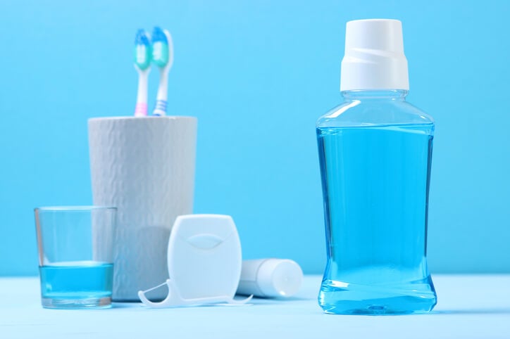 Some mouthwash and toothbrushes