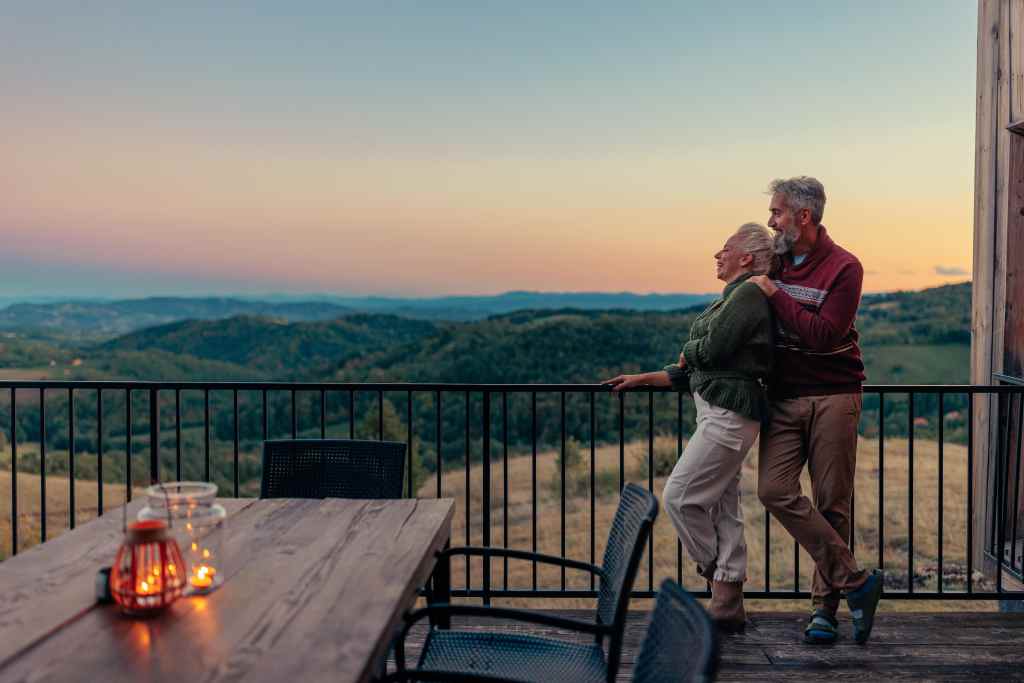 Retired couple at mountain getaway.