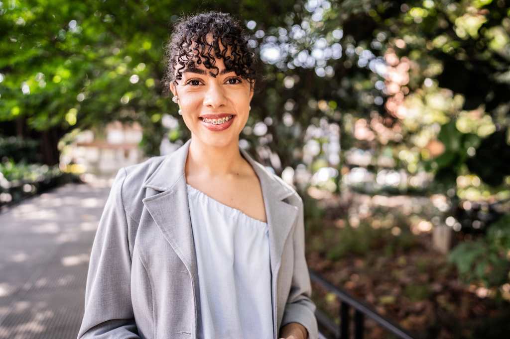 Portrait of a businesswoman in a public park